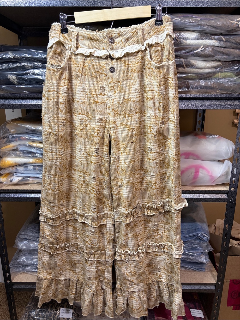 NWT POL Vintage Distressed Plaid Ruffle High Rise Wide-Leg Pants